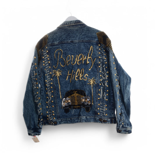 Logo Brand Embellished Denim Jacket Beverly Hills Design SZ S/M