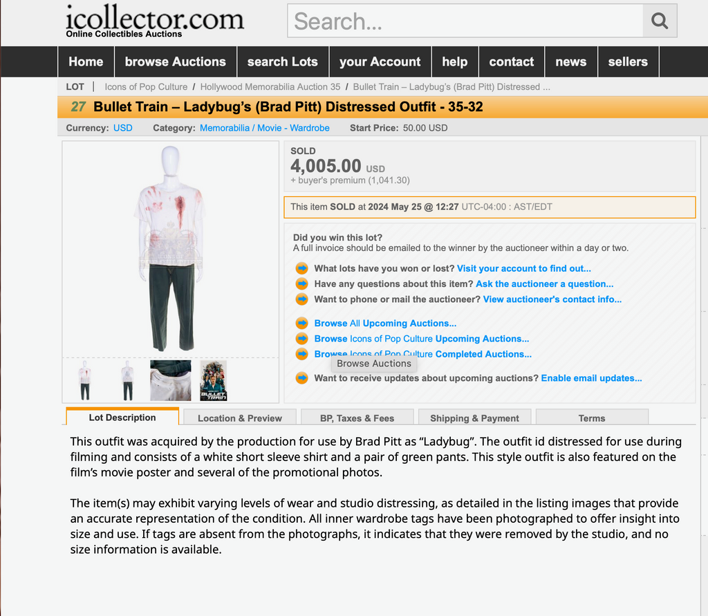 Original Distressed Costume Acquired from Bullet Train (2022) for Brad Pitt as “Ladybug”