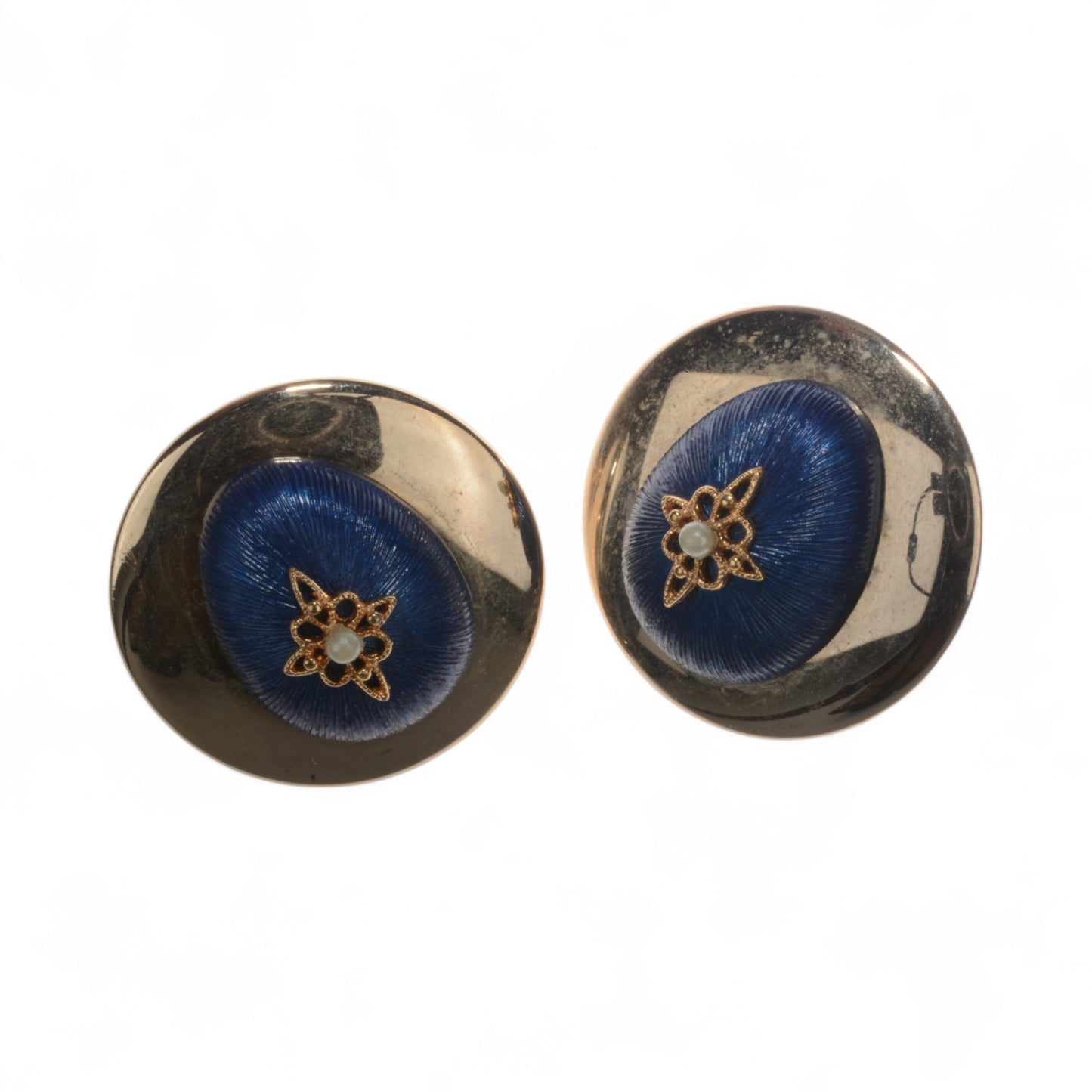 Gold & Blue Floral Inset Clip-On Earrings SZ M